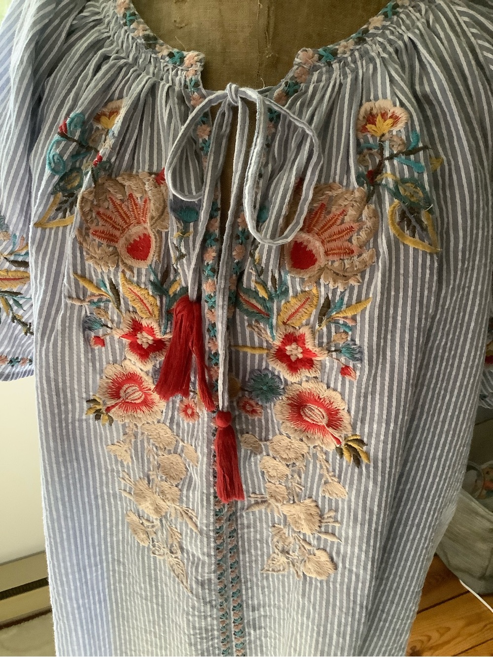 Blue Striped Embroidered Peasant Blouse with Red Tassels - Picture 3 of 14